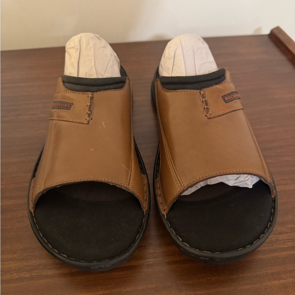 New Rockport Mens Brown Leather Darwyn 2 Slides Size 12 M Euro 46.5 UK 11.5 30cm